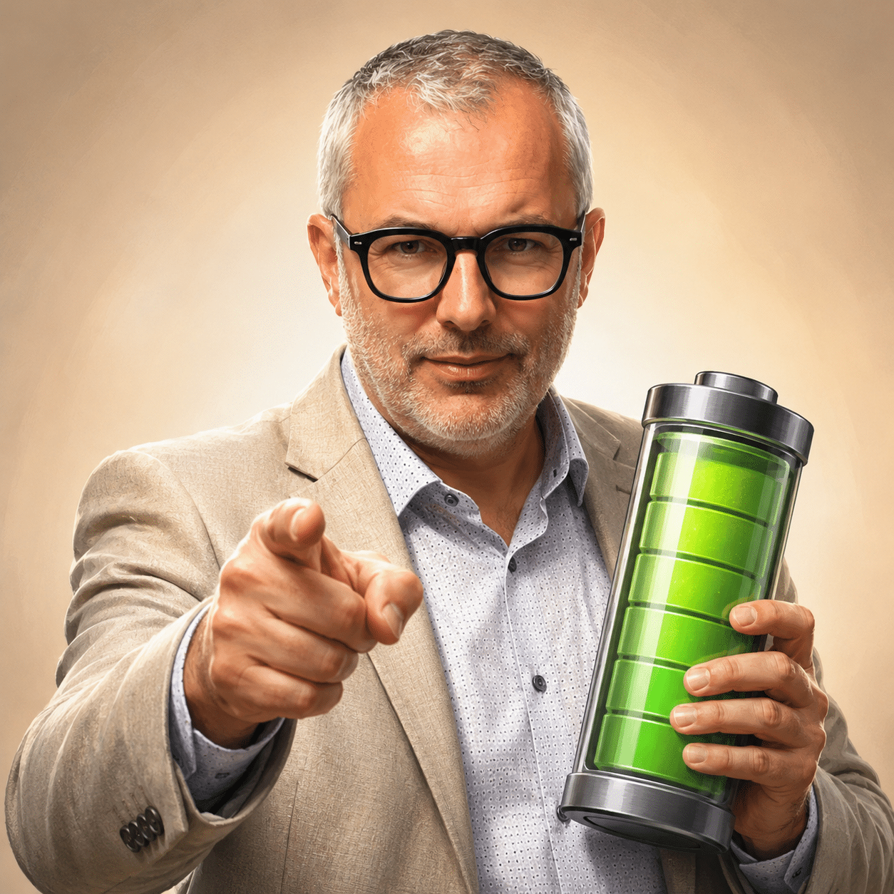 Régis François tenant une batterie, illustration BeProsumer